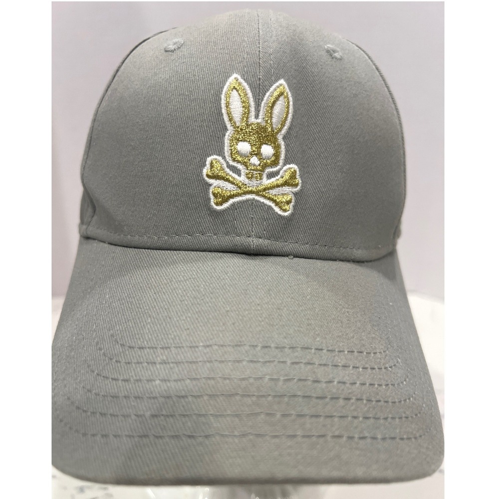 Psycho Bunny Gray Strapback Dad Hat Gold Embroidered Bunny Skull Logo Cap